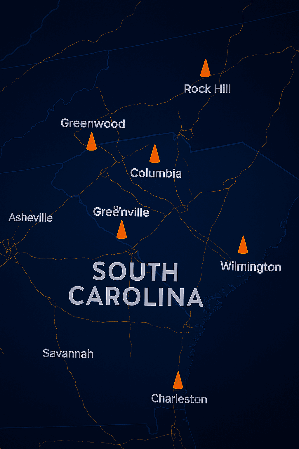 Find Secure Tractor Trailer Truck or Commercial Fleet Parking and Storage in South Carolina Blythewood,Charleston,Columbia,Dalzell,Florence,Greensboro,Orangeburg, Piedmont, Ridgeway, Spartanburg, Townville, Summerville 